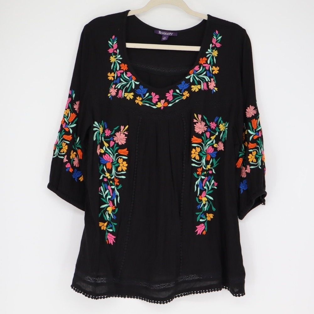 Roaman's Women's Boho Floral Embroidered Tunic Size 16W Colorful Black Flowy